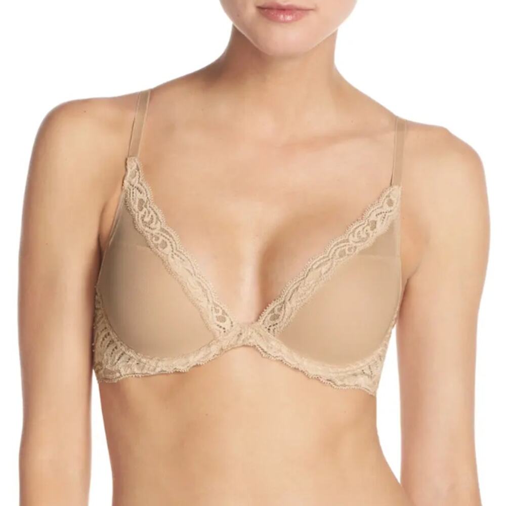 Natori Feathers Contour Plunge Bra 36DDD 36F Nude Lace Underwire